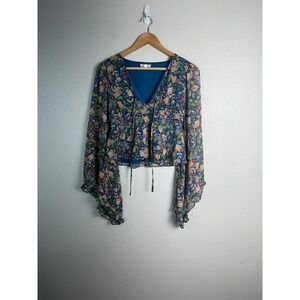 Lily Star Women Blue Floral Cropped Blouse Sz S Bell Sleeve V-Neck Ruffle‎